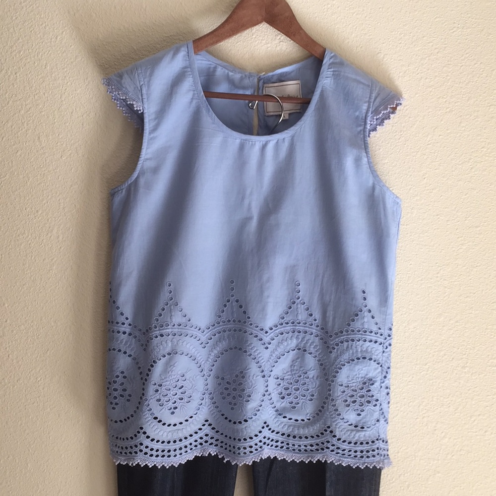 Light Blue Eyelet Cap-Sleeve Women's Top